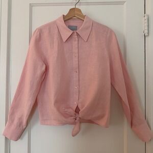 Pure Collection Pink 100% Linen Tie Front Button Down Shirt Womens US 6: Coastal
